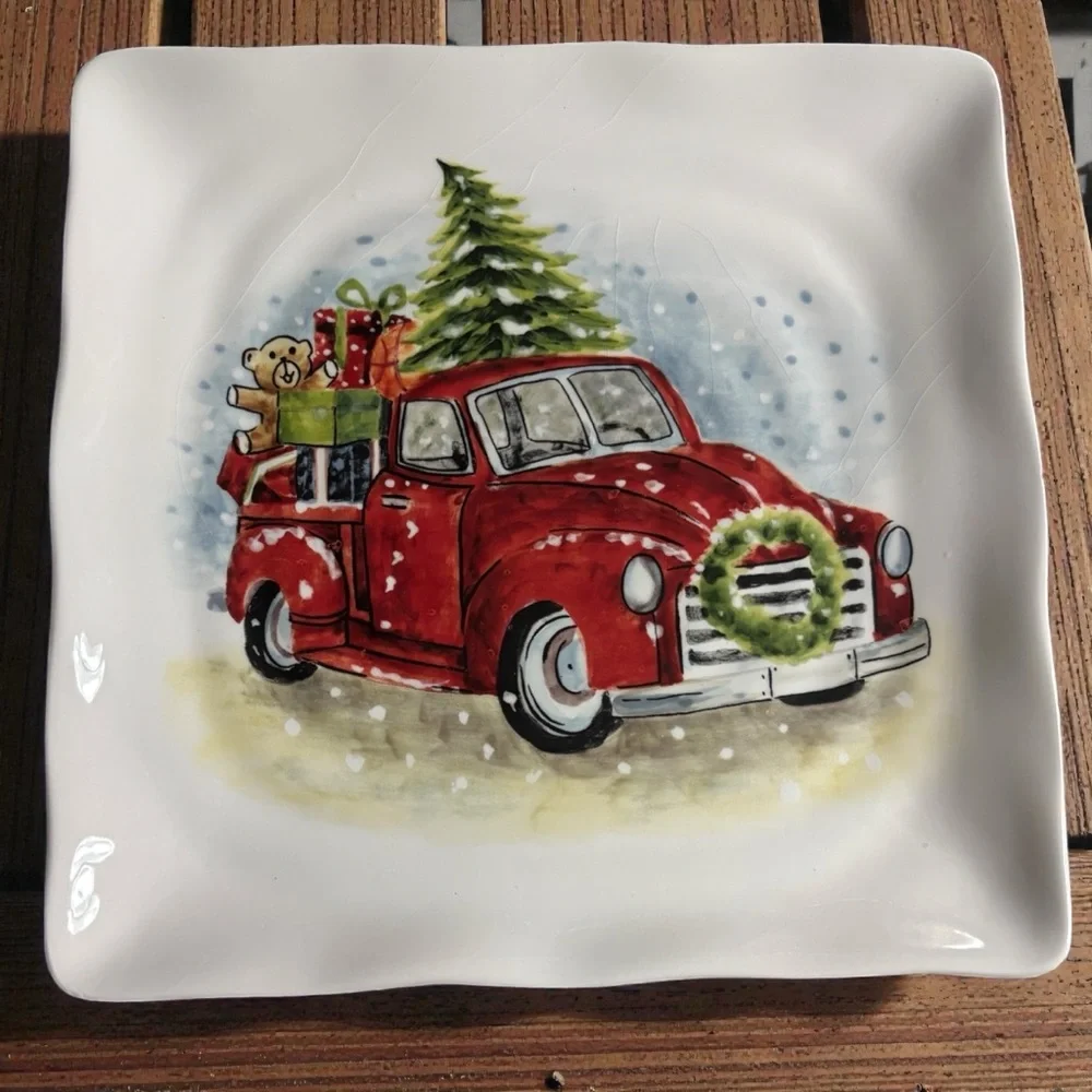 Maxcera Christmas Plates with a Red Truck and Tree Design-Set of 4